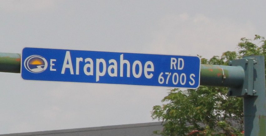 A street sign in Centennial along East Arapahoe Road, one of the streets along the perimeter of The Streets at SouthGlenn outdoor mall. A plan to change the mix of housing and businesses at SouthGlenn is expected to add to traffic along adjacent roads.